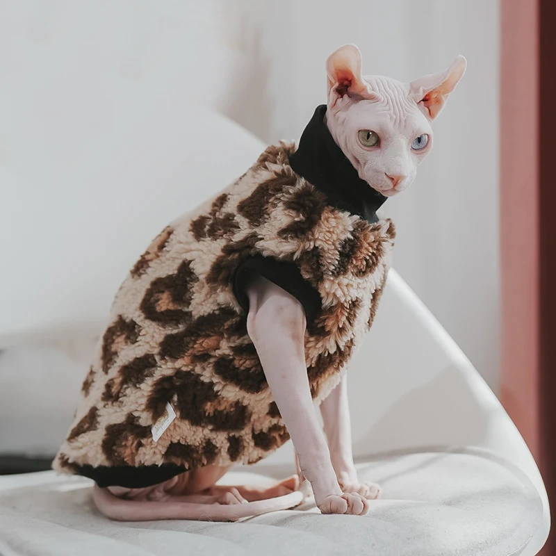 Leopard Sphynx Cat Sweater Hairless Cat Sleeveles Vest Thickening Soft Double-side Lamb Wool Fiber Coat for Devon Winter Outwear