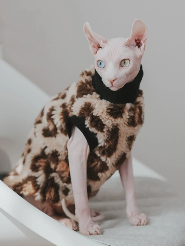 Leopard Sphynx Cat Sweater Hairless Cat Sleeveles Vest Thickening Soft Double-side Lamb Wool Fiber Coat for Devon Winter Outwear