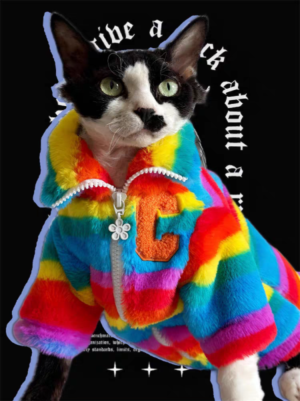 Cat-themed color-blocked autumn/winter coat