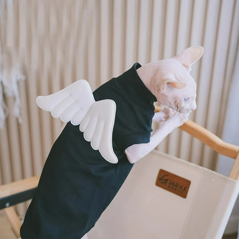 Hairless Cat Clothes with Angel Wings Sphynx Cute Black Short Sleeves for Sphynx Cat Spring Summer Cat Clothes