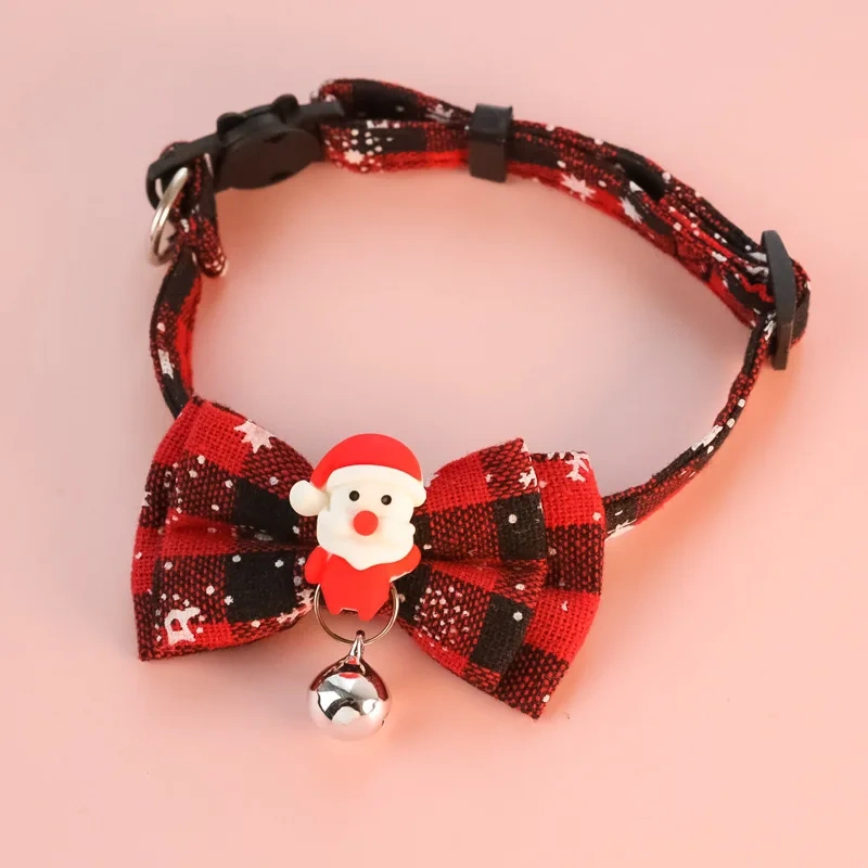 Christmas Pet Breakaway Cat Collar Bow Tie and Bell Cute Plaid Christmas Red Elastic Adjustable Dog Collar New Year Party Decor