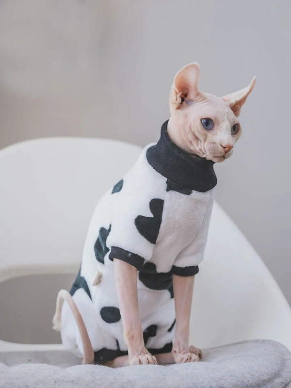 White Cotton Coat for Sphynx Cat Spring Long Sleeves Soft Cow Spot T-shirt for Kittens in Autumn Cartoon Pajamas for Devon Rex