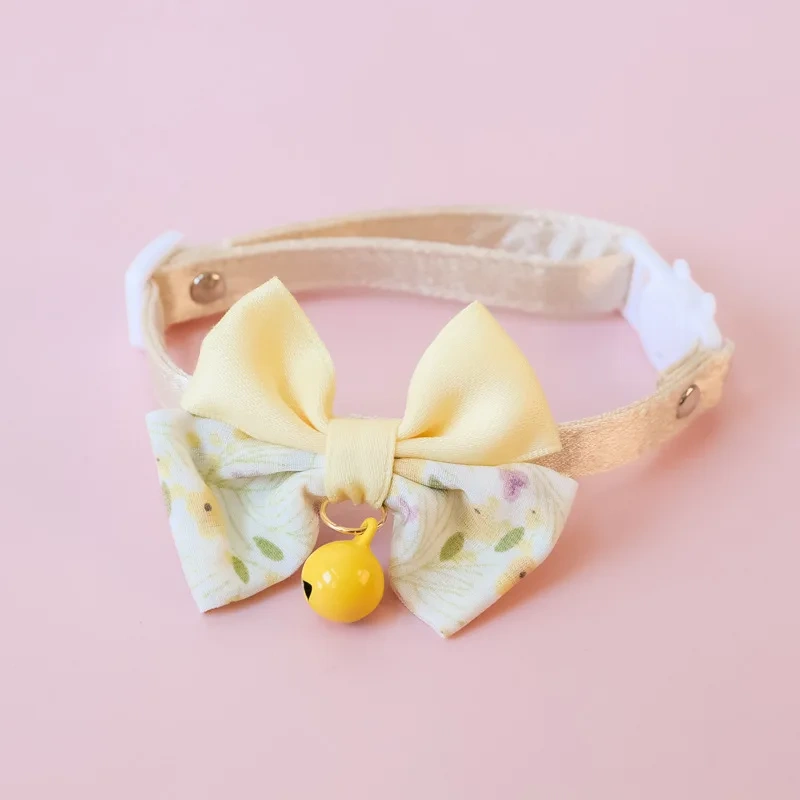 Bow Pet Collar, Cat Dog Collar Macaron Bell Safety Buckle Gradient Floral Bow Adjustable Knot Cat Collars for Kitten and Puppies