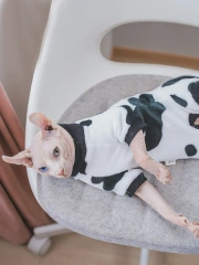 White Cotton Coat for Sphynx Cat Spring Long Sleeves Soft Cow Spot T-shirt for Kittens in Autumn Cartoon Pajamas for Devon Rex