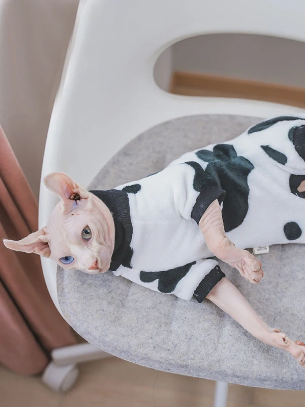 White Cotton Coat for Sphynx Cat Spring Long Sleeves Soft Cow Spot T-shirt for Kittens in Autumn Cartoon Pajamas for Devon Rex
