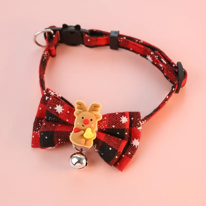 Christmas Pet Breakaway Cat Collar Bow Tie and Bell Cute Plaid Christmas Red Elastic Adjustable Dog Collar New Year Party Decor