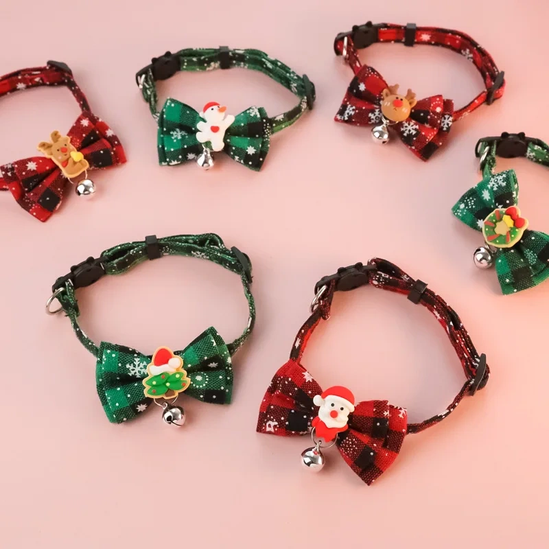 Christmas Pet Breakaway Cat Collar Bow Tie and Bell Cute Plaid Christmas Red Elastic Adjustable Dog Collar New Year Party Decor