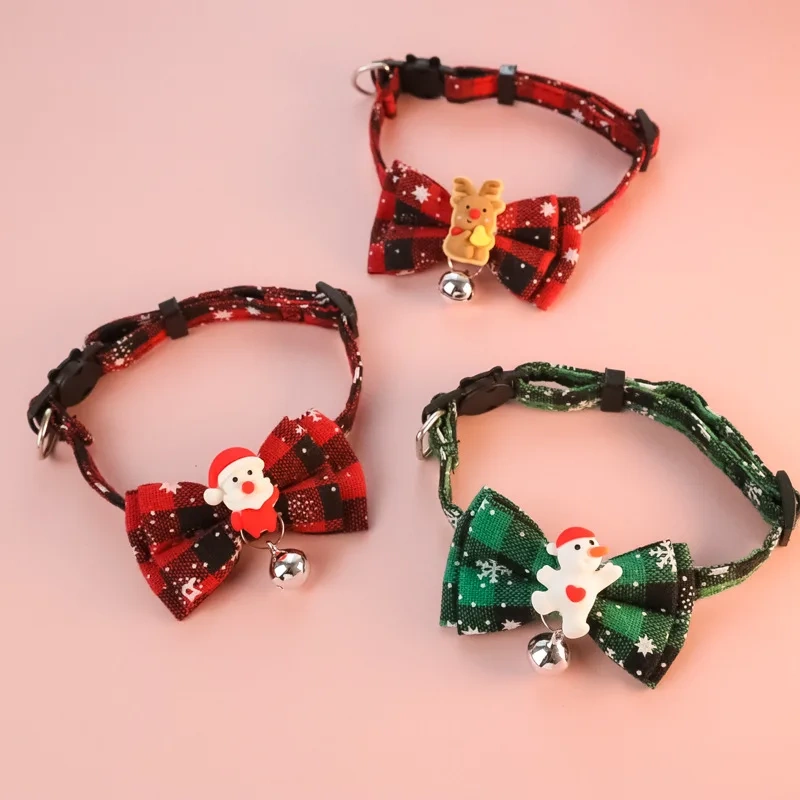 Christmas Pet Breakaway Cat Collar Bow Tie and Bell Cute Plaid Christmas Red Elastic Adjustable Dog Collar New Year Party Decor