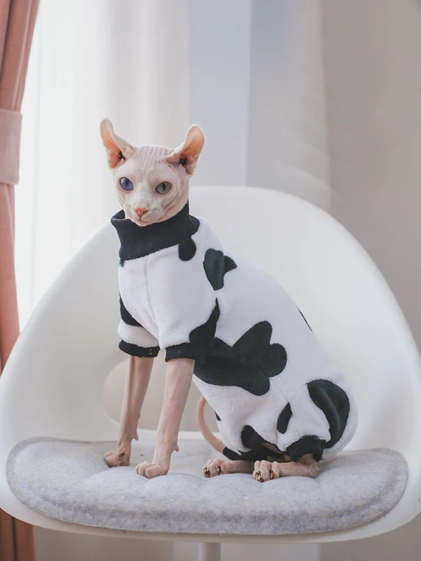 White Cotton Coat for Sphynx Cat Spring Long Sleeves Soft Cow Spot T-shirt for Kittens in Autumn Cartoon Pajamas for Devon Rex