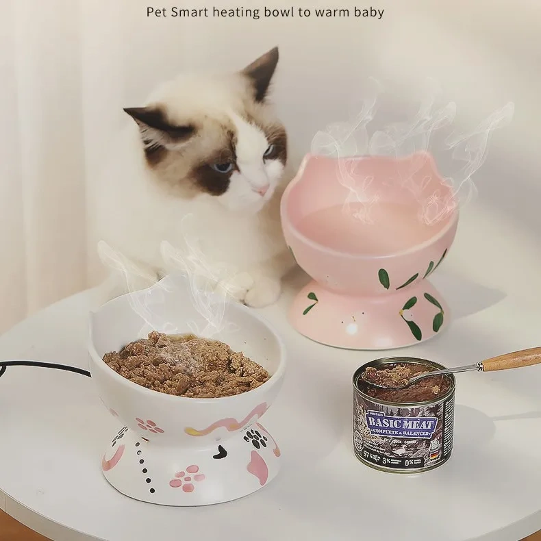 Small Ceramic Pet Heated Feeding Bowl Cute Cat Dog Water & Food Bowl with Elevated Automatic Design Indoor Use with Box Packing