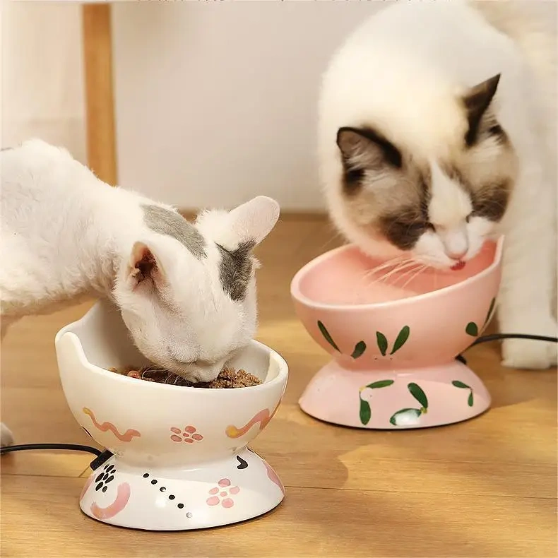 Small Ceramic Pet Heated Feeding Bowl Cute Cat Dog Water & Food Bowl with Elevated Automatic Design Indoor Use with Box Packing