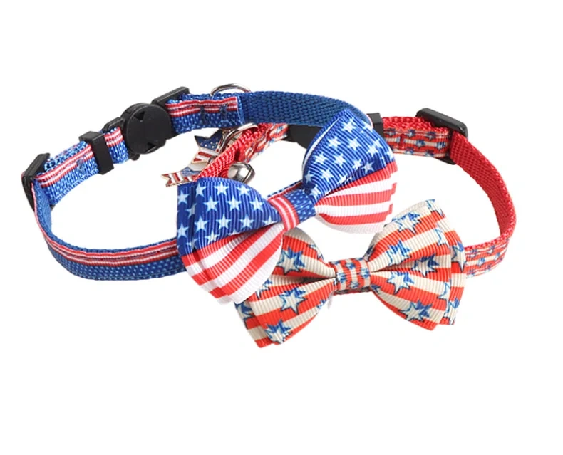 Wholesale Custom Pet Cat Collar USA Independence Day Safety Luxury Pet Cat Bow Tie Collar Breakaway Buckle With Bell