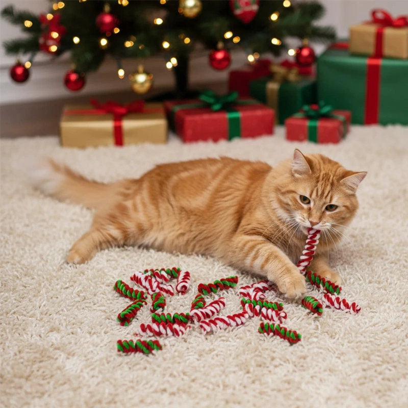10Pcs Christmas Cat Toys For Pets Fluffy Spring Teaser Wand Interactive Boredom Relief Gift Cats Play Holiday Gift For Pets
