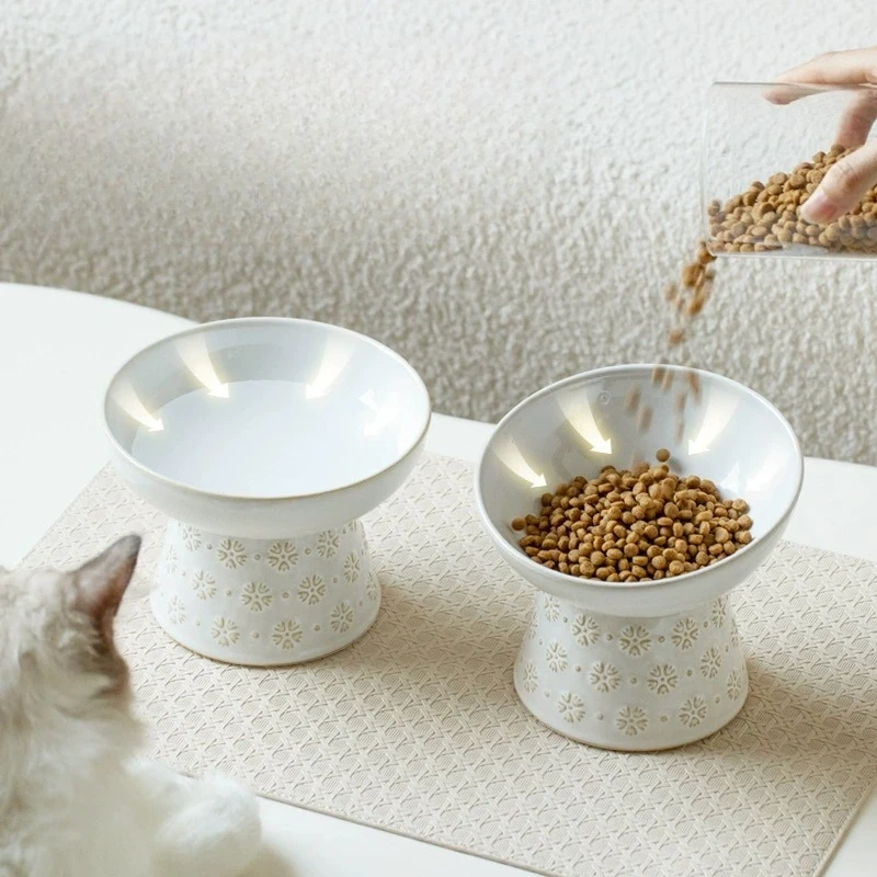 Ceramic Snowflake relief pattern High Footed Bowls for Pet, Cervical Vertebra Protection, Drinking Food Cat Bowl Supplies, 1Pc