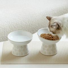 Ceramic Snowflake relief pattern High Footed Bowls for Pet, Cervical Vertebra Protection, Drinking Food Cat Bowl Supplies, 1Pc
