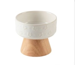Eco-Friendly Durable Ceramic Pet Food Bowls with Wooden Stand 2 in 1 Protective Cervical