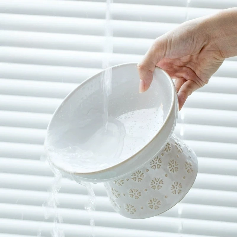 Ceramic Snowflake relief pattern High Footed Bowls for Pet, Cervical Vertebra Protection, Drinking Food Cat Bowl Supplies, 1Pc