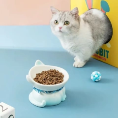 Hot Sale Ceramic Cat Bowl Eco-friendly Solid Design Neck Support Anti-tip Elevated Sloping Edge Small Pet Feeding Plate Food