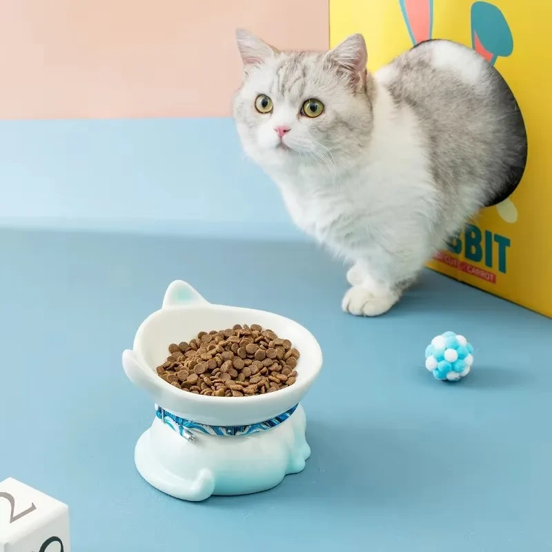 Hot Sale Ceramic Cat Bowl Eco-friendly Solid Design Neck Support Anti-tip Elevated Sloping Edge Small Pet Feeding Plate Food