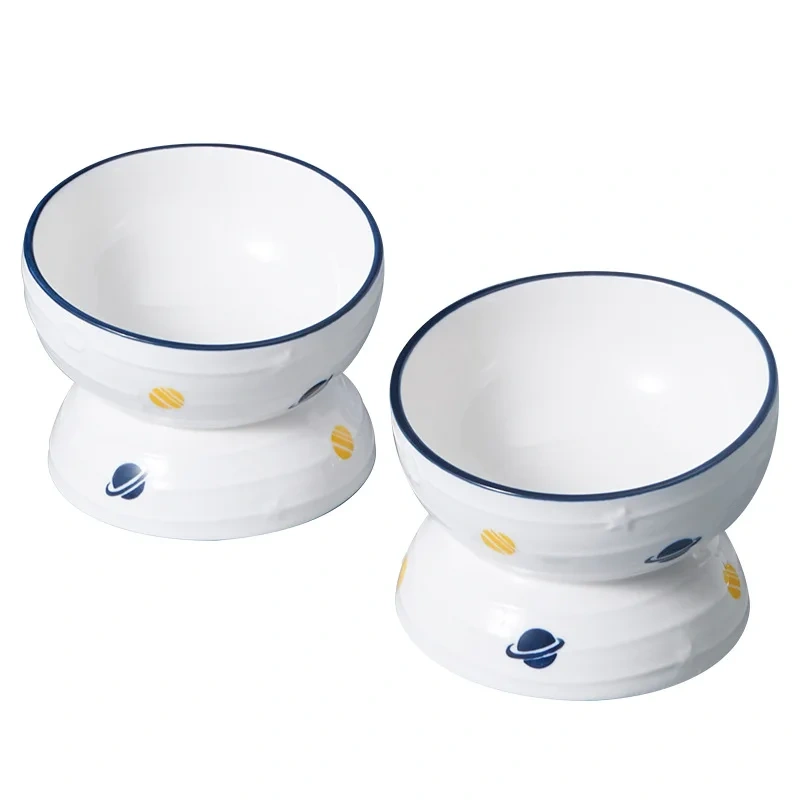 New Arrival Eco-Friendly PET Ceramic Tall Cat Bowl Durable Oval Shape Anti-Vomiting Tilted Elevated Pet Food Bowl