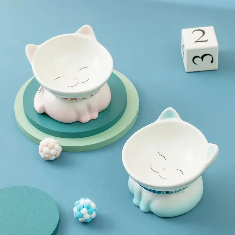 Hot Sale Ceramic Cat Bowl Eco-friendly Solid Design Neck Support Anti-tip Elevated Sloping Edge Small Pet Feeding Plate Food