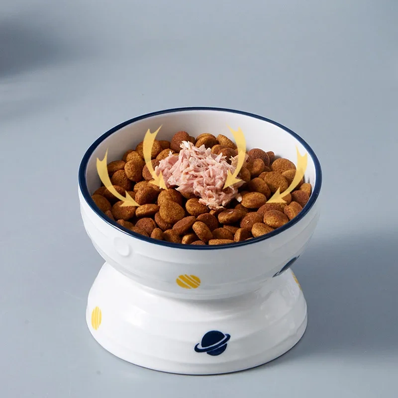 New Arrival Eco-Friendly PET Ceramic Tall Cat Bowl Durable Oval Shape Anti-Vomiting Tilted Elevated Pet Food Bowl