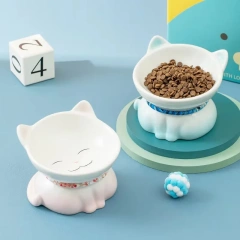 Hot Sale Ceramic Cat Bowl Eco-friendly Solid Design Neck Support Anti-tip Elevated Sloping Edge Small Pet Feeding Plate Food