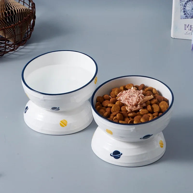 New Arrival Eco-Friendly PET Ceramic Tall Cat Bowl Durable Oval Shape Anti-Vomiting Tilted Elevated Pet Food Bowl