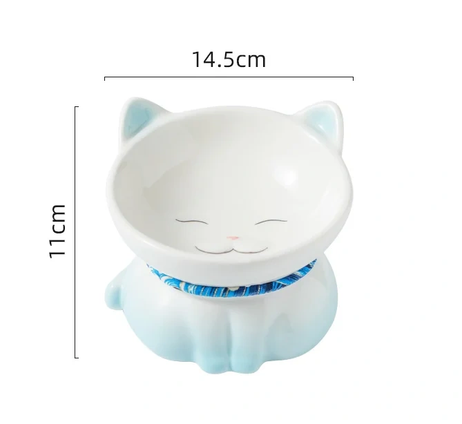 Hot Sale Ceramic Cat Bowl Eco-friendly Solid Design Neck Support Anti-tip Elevated Sloping Edge Small Pet Feeding Plate Food