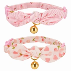 Cotton Bowtie Cat Collar with Bell 2 Pack Adjustable Breakaway Kitten Collars Pink Green Removable Bow Cat Necklace for Cats Pet