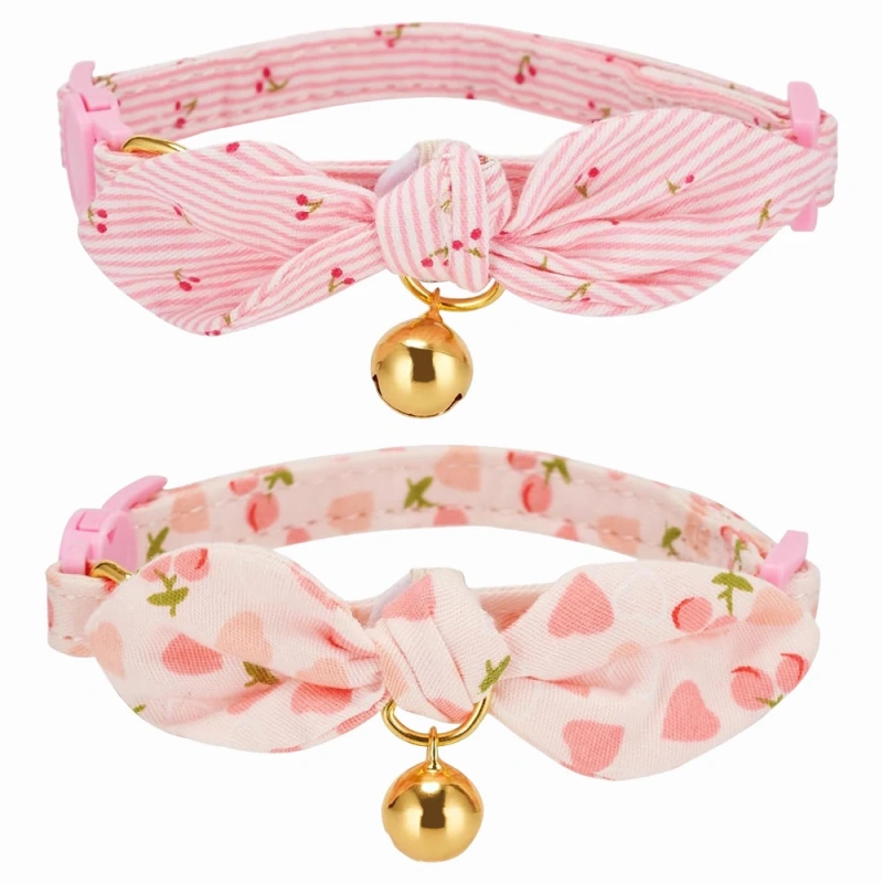 Cotton Bowtie Cat Collar with Bell 2 Pack Adjustable Breakaway Kitten Collars Pink Green Removable Bow Cat Necklace for Cats Pet