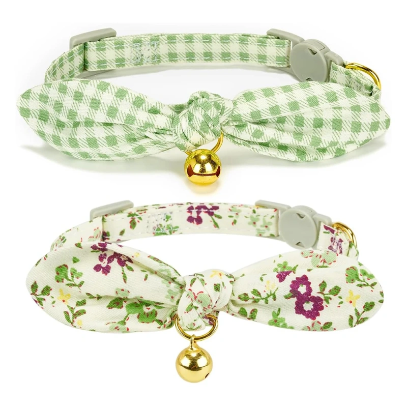 Cotton Bowtie Cat Collar with Bell 2 Pack Adjustable Breakaway Kitten Collars Pink Green Removable Bow Cat Necklace for Cats Pet
