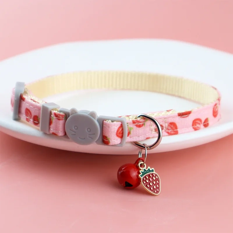 Cat Collar Adjustable Printed Pet Collar with Bell Strawberry and Green Leaf Leash D Ring for Kittens & Puppies Pet Accessories