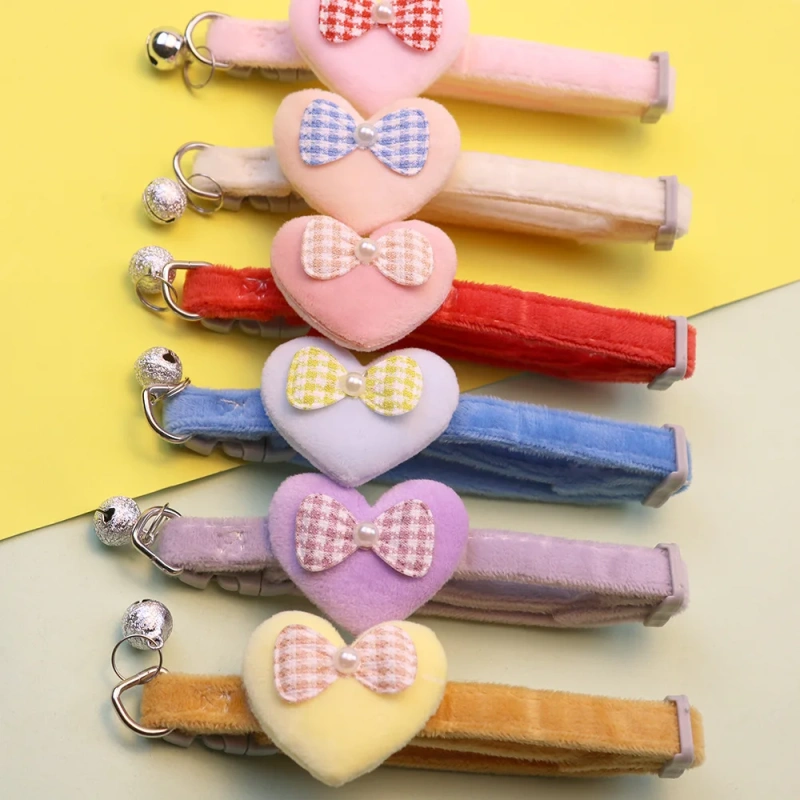 Cute Cat Collar Heart Bow and Bell Cat Ornaments Macaron Color Soft Velvet Adjustable Neck Strap Collar 6 Colors Pet Accessories