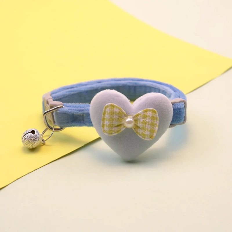 Cute Cat Collar Heart Bow and Bell Cat Ornaments Macaron Color Soft Velvet Adjustable Neck Strap Collar 6 Colors Pet Accessories