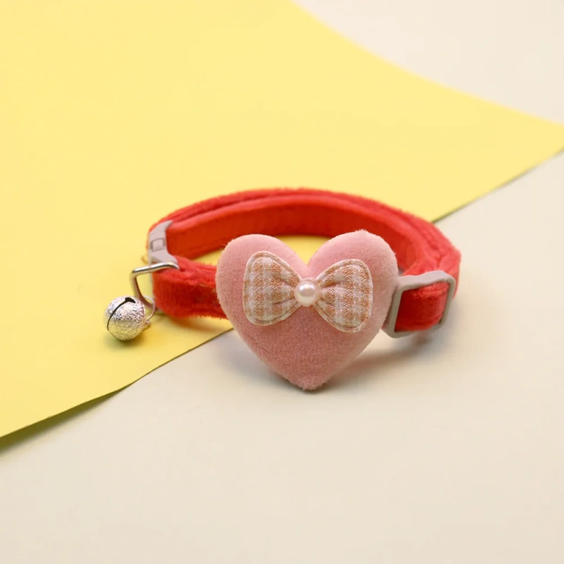 Cute Cat Collar Heart Bow and Bell Cat Ornaments Macaron Color Soft Velvet Adjustable Neck Strap Collar 6 Colors Pet Accessories