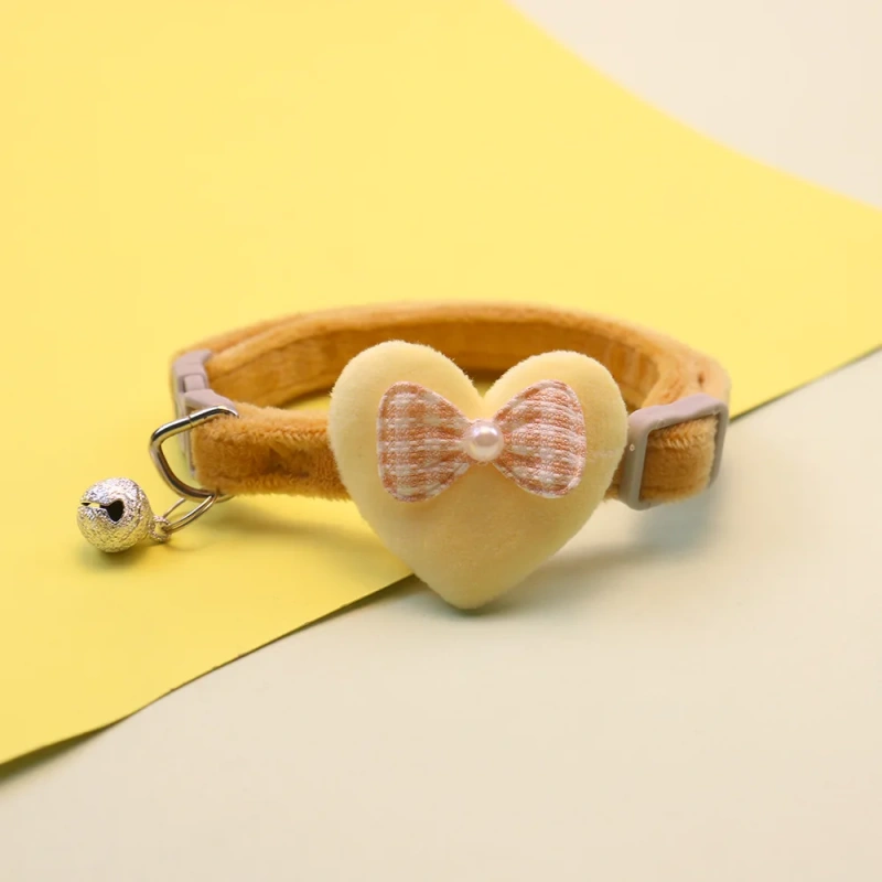 Cute Cat Collar Heart Bow and Bell Cat Ornaments Macaron Color Soft Velvet Adjustable Neck Strap Collar 6 Colors Pet Accessories