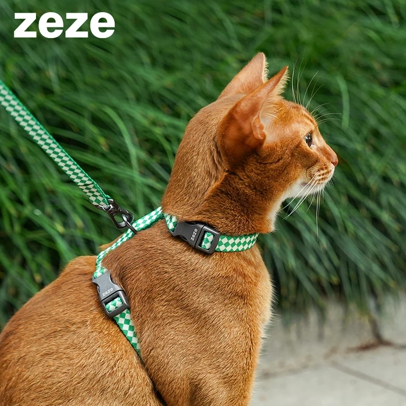 Zeze Checked Pet Leash Cat Leash, Adjustable Cat Harness and Leash Set,Breathable and Durable Pet Harness for Small Medium Catso