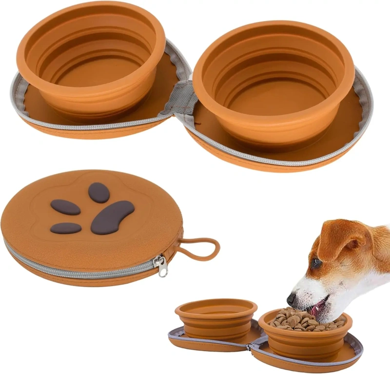 2 in 1 Foldable Pet Food Bowl Portable Silicone Puppy Dual Bowl Outdoor Travel Dog Drinking Bowl Folding Cat Bowls Dog Bowls