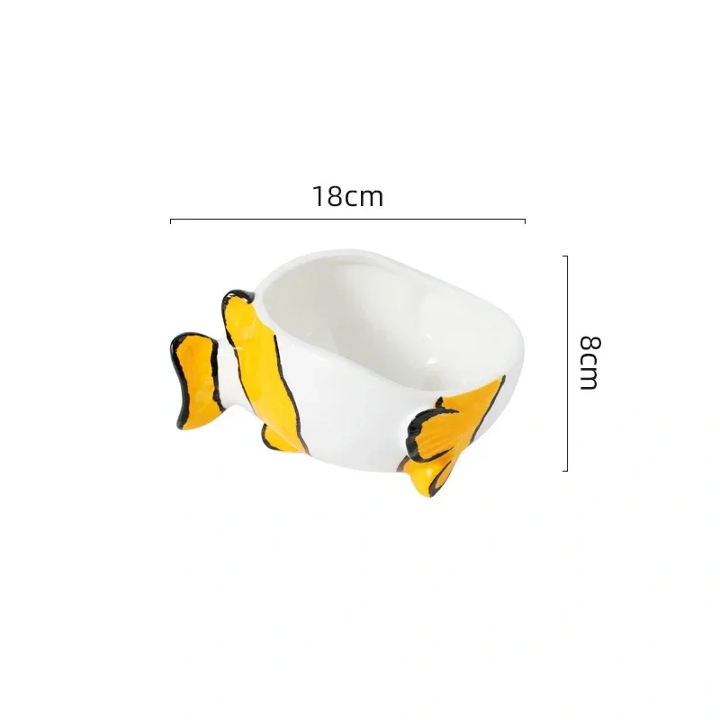 Painted Small Fish Shape Ceramic Dog Cat Bowl Drinking Water Food Bowl Anti overturning Neck Protection Lovely Pet Articles, 1Pc