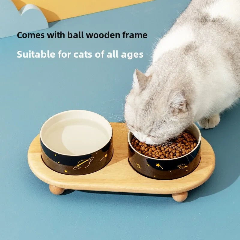 Ceramic Double Dog/Cat Food Bowl Protective Rack High Foot Design Solid Pattern Eco-Friendly Cervical Spine Protection Pet Water