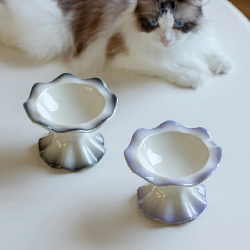 Ceramic Pet Bowl Cat Small Dogs Elevated Food Water Feeders Puppy Raised Drinking Eating Supplies Gradient Color Anti-slip