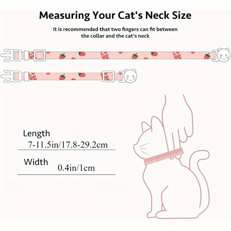 2 Pack Cotton Breakaway Cat Collar Pink Strawberries and White Heart Shaped Pendant Cute Kitten Cat Collar with Bell