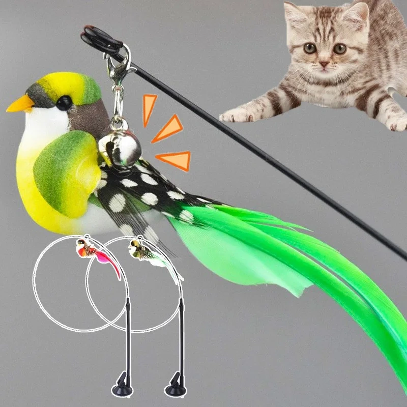 Cat Toys Simulated Bird Feather Cat Teasing Stick Sucker Steel Wire Long Rod Plush Catnip Cat Toy