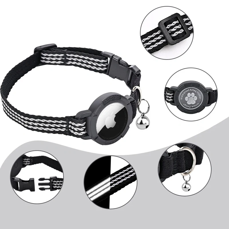 Integrated Apple AirTag Holder Reflective Pet Collar Lightweight Elastic Safety Cat Locator Collar with Bell