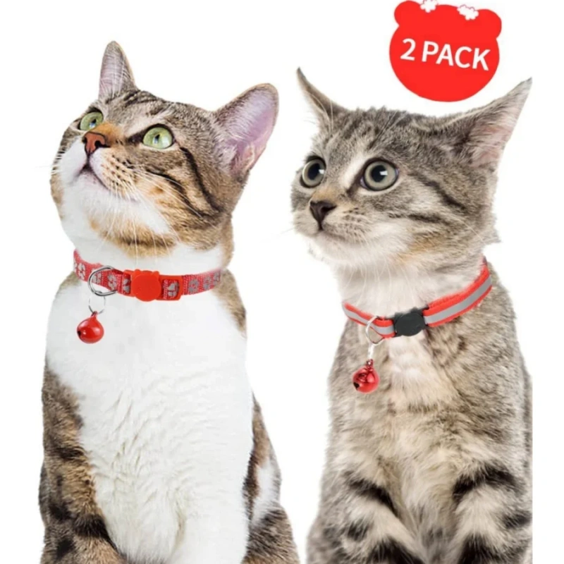 2-Pack Reflective Cat Collars with Bell - Adjustable Safety Breakaway Buckle for Small Pets, Kitten & Puppy (Glow in The Dark, L