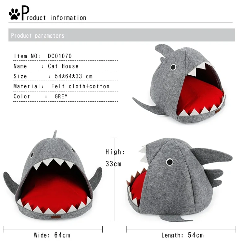 Foldable Cat Bed with Shark Design Felt Material Cat Cave House with Removable Cushion Mat for Dogs and Cats