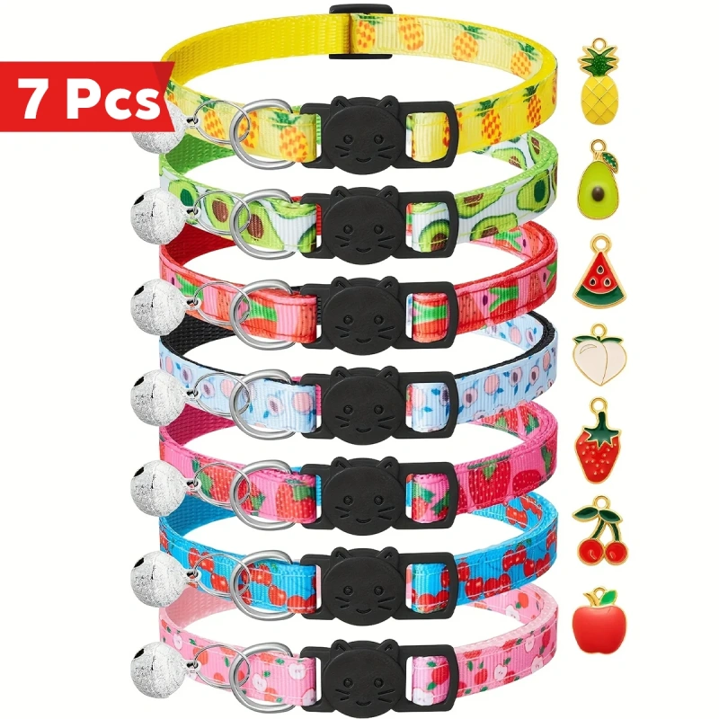 Fruit Pattern Cat Collars 7 Pack Cat Collars Fruit Pattern, Breakaway Buckle, Safety Reflective Kitten Collar with Bell & Charm