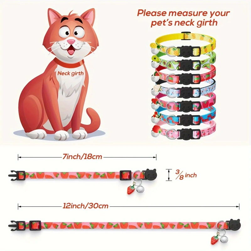 Fruit Pattern Cat Collars 7 Pack Cat Collars Fruit Pattern, Breakaway Buckle, Safety Reflective Kitten Collar with Bell & Charm