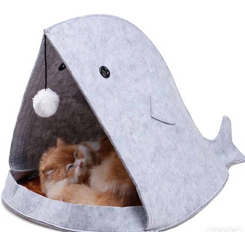 Foldable Cat Bed with Shark Design Felt Material Cat Cave House